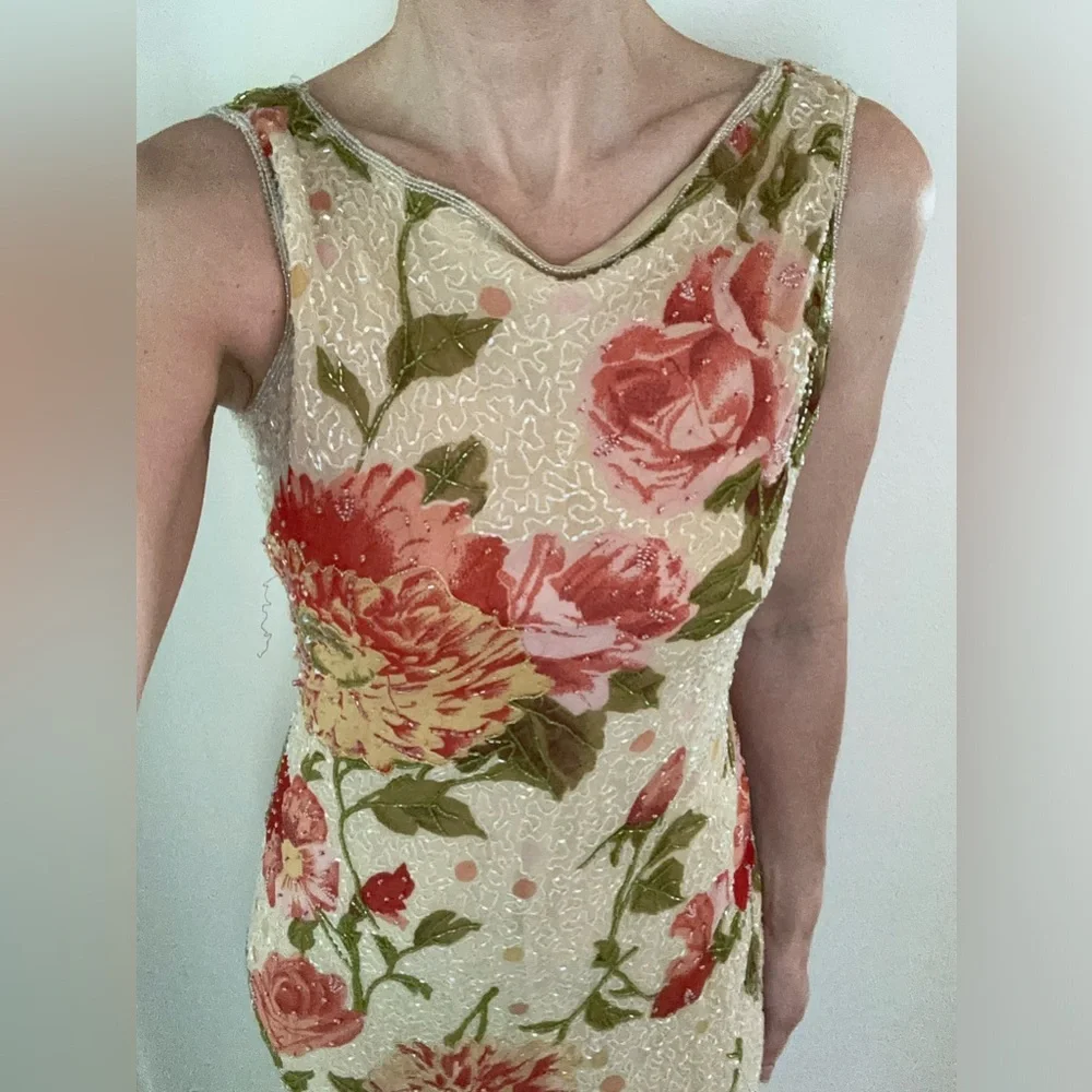 VTG Stenay beaded floral low back long evening dress 8 gown pink green beige